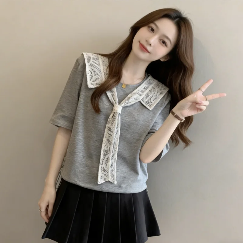 Summer 2026 Women's Loose Fit Short Sleeve T-Shirt with Tie Design Korean Style Straight Cut Cotton Casual Wear Slimming Effect
Summer 2026 Women's Loose Fit Short Sleeve T-Shirt with Tie Design Korean Style Straight Cut Cotton Casual Wear Slimming Effect