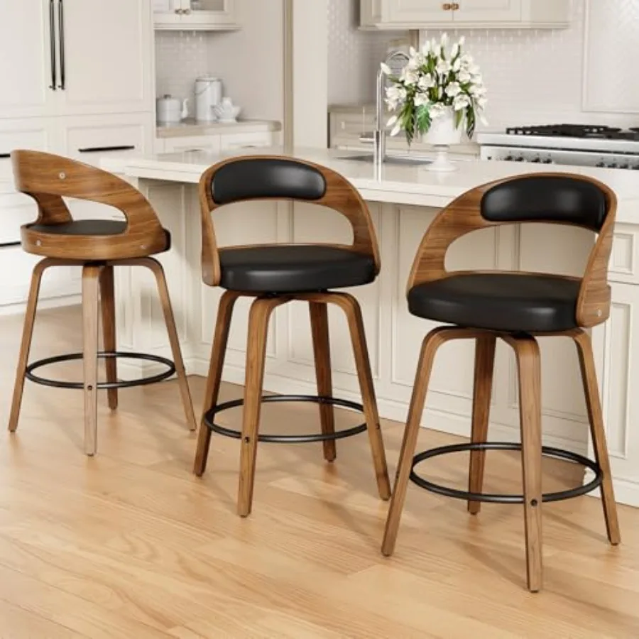 Swivel Bar Stools Set of 3, 26" Counter Height Bentwood Barstool, Mid-Century Modern PU Leather Upholstered Bar Chair with Back
Swivel Bar Stools Set of 3, 26" Counter Height Bentwood Barstool, Mid-Century Modern PU Leather Upholstered Bar Chair with Back