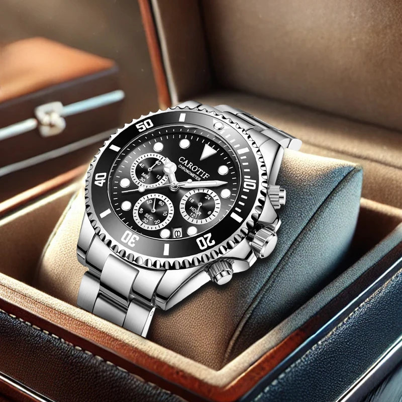 Мужской черный стальной ремешок, простой спортивный календарь, тринокулярные многофункциональные кварцевые часы 
Мужской черный стальной ремешок, простой спортивный календарь, тринокулярные многофункциональные кварцевые часы