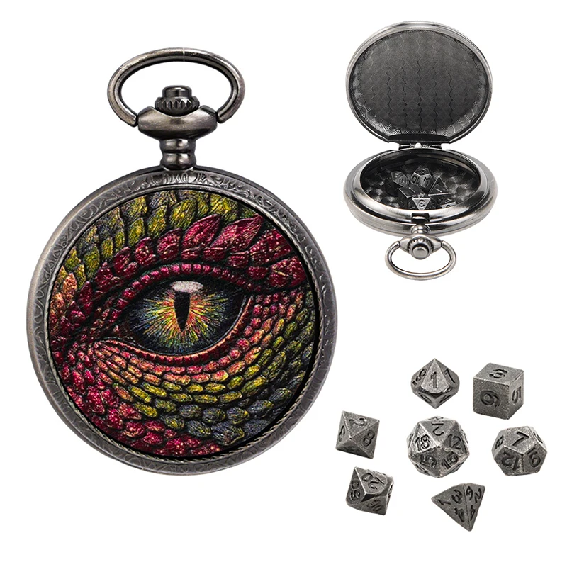 Металлический футляр для игральных костей Dragon'eye с карманными часами, для настольных ролевых игр (DND/RPG)
Металлический футляр для игральных костей Dragon'eye с карманными часами, для настольных ролевых игр (DND/RPG)