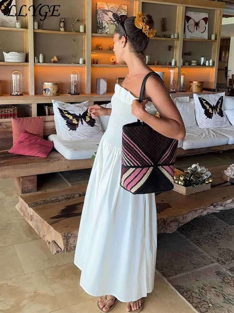 Casual Solid Ruffles Women Strapless Dress Sleeveless Backless A-line Female Long Dresses 2025 Spring Summer New Chic Lady Robe
Casual Solid Ruffles Women Strapless Dress Sleeveless Backless A-line Female Long Dresses 2025 Spring Summer New Chic Lady Robe