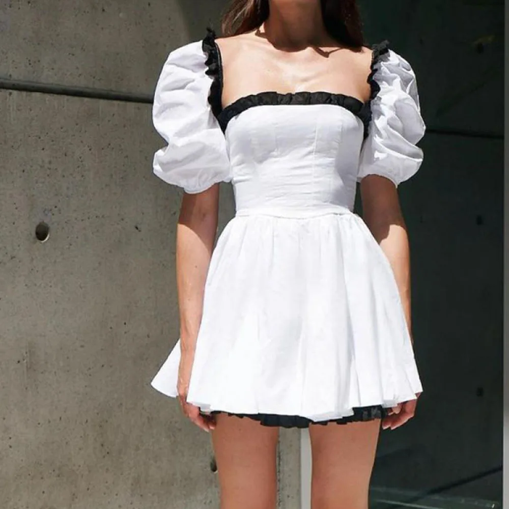 Cute Bubble Sleeve Dress Women Contrast Square Collar Summer Elegant Ruffle Edge Short Sleeve Casual Holiday Fashion Clothes
Cute Bubble Sleeve Dress Women Contrast Square Collar Summer Elegant Ruffle Edge Short Sleeve Casual Holiday Fashion Clothes