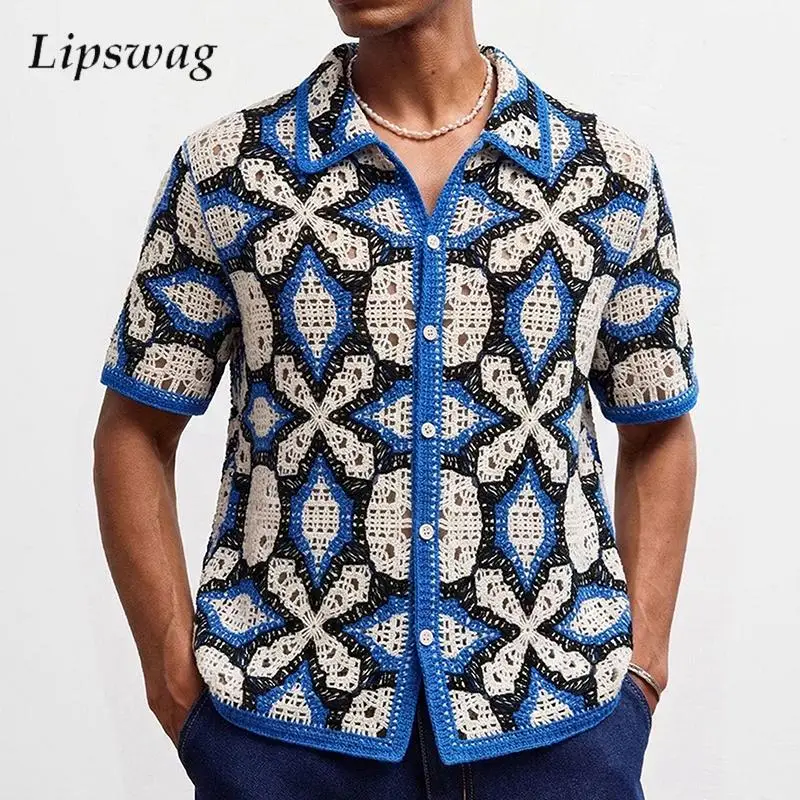 Vintage Geometric Crochet Knit Shirt Men Summer Casual Buttoned Lapel Short Sleeve Knitted Shirts Stylish Mens Knitting Cardigan
Vintage Geometric Crochet Knit Shirt Men Summer Casual Buttoned Lapel Short Sleeve Knitted Shirts Stylish Mens Knitting Cardigan