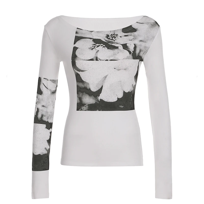 Floral Print Slanted Shoulder Long-sleeved T-shirt Women's Versatile Waist Casual Top
Floral Print Slanted Shoulder Long-sleeved T-shirt Women's Versatile Waist Casual Top