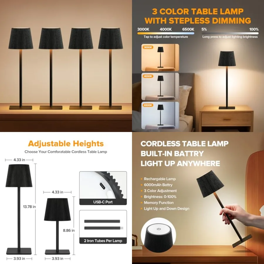 4 Pack Cordless Table Lamp, 6000mAh Rechargeable Battery Operated Desk Lamp, Two Adjustable Heights, Waterproof, Touch Control
4 Pack Cordless Table Lamp, 6000mAh Rechargeable Battery Operated Desk Lamp, Two Adjustable Heights, Waterproof, Touch Control