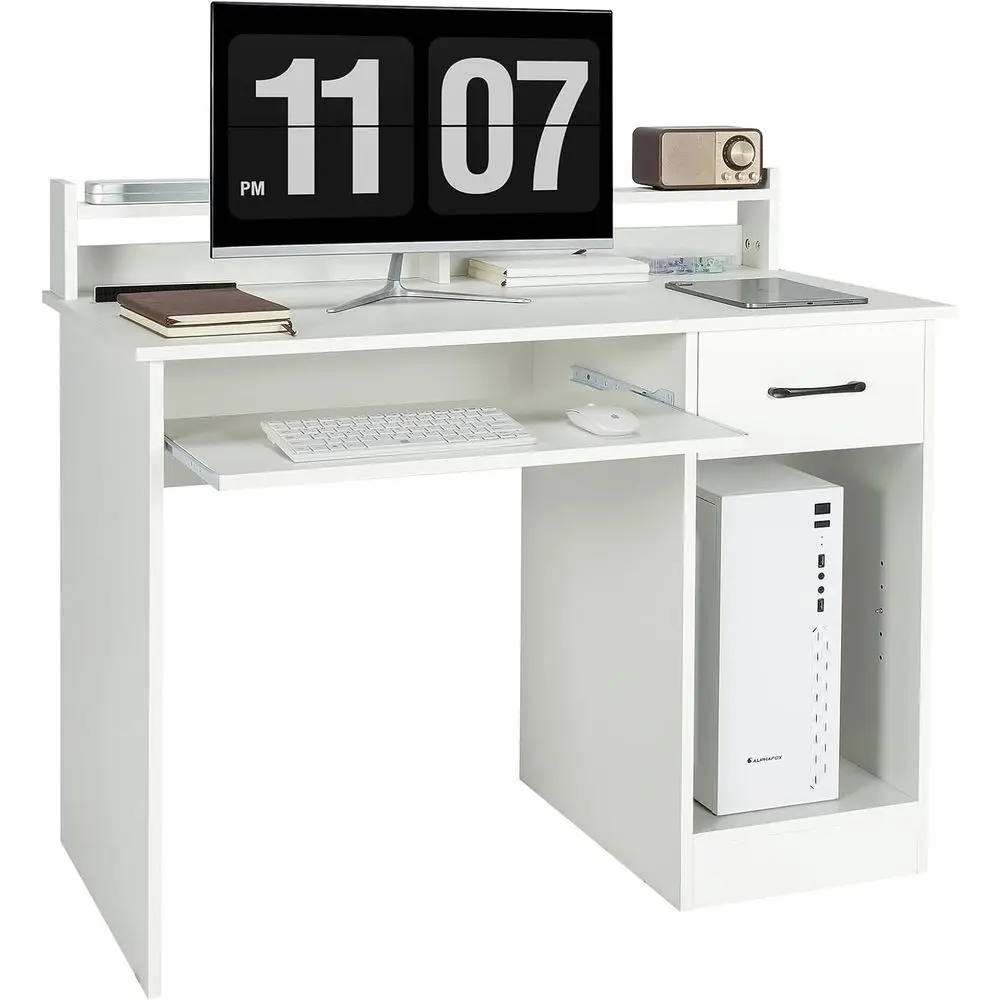 White Home Office Desk with Hutch, Adjustable Shelving and Keyboard Tray for Study and Living Room Use
White Home Office Desk with Hutch, Adjustable Shelving and Keyboard Tray for Study and Living Room Use