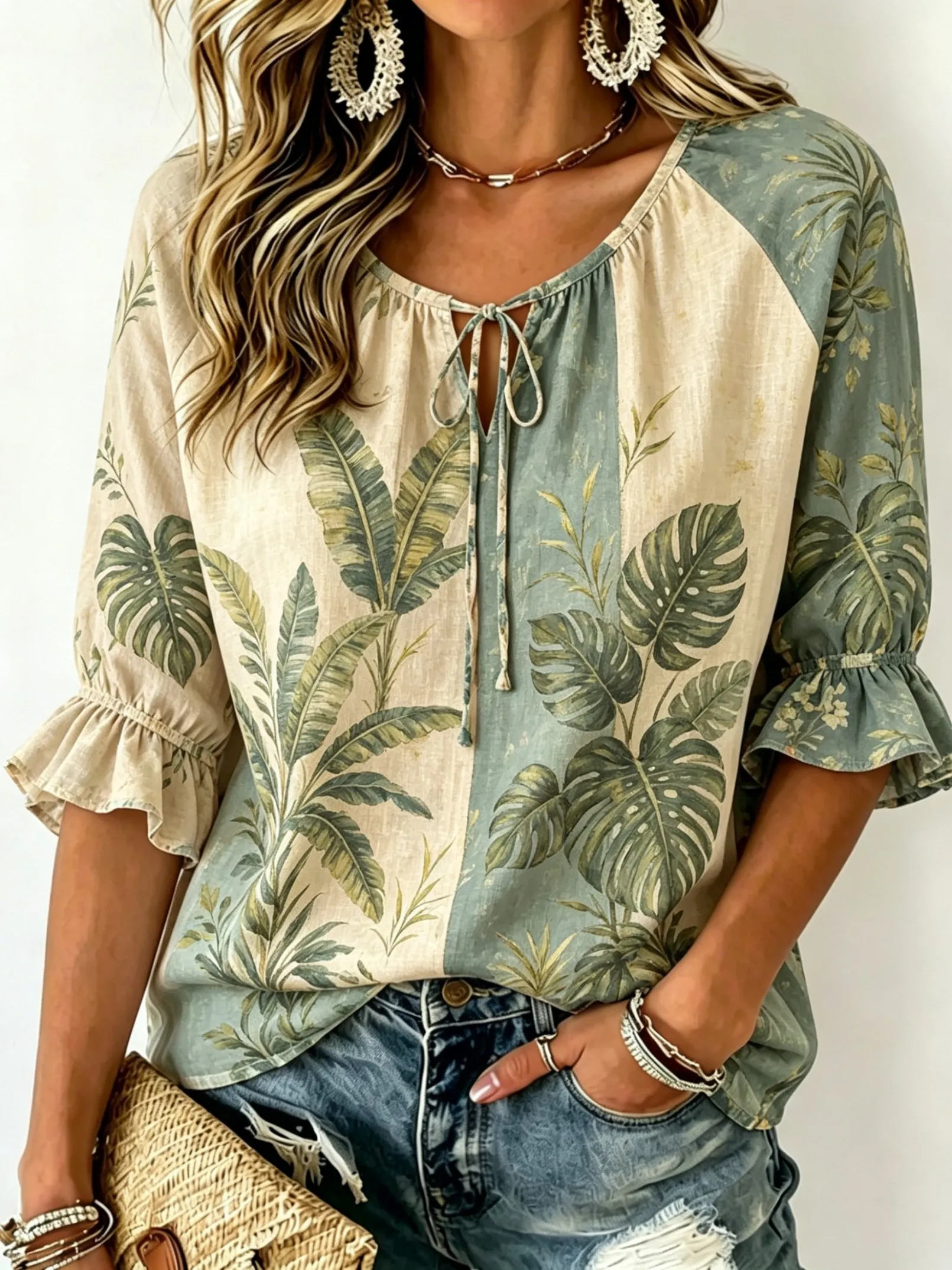 Women's Tie Keyhole Neck Blouse, Beige Sage Color Block Tropical Banana Leaf Print, Loose Fit for Spring Summer Daily Outfits
Women's Tie Keyhole Neck Blouse, Beige Sage Color Block Tropical Banana Leaf Print, Loose Fit for Spring Summer Daily Outfits