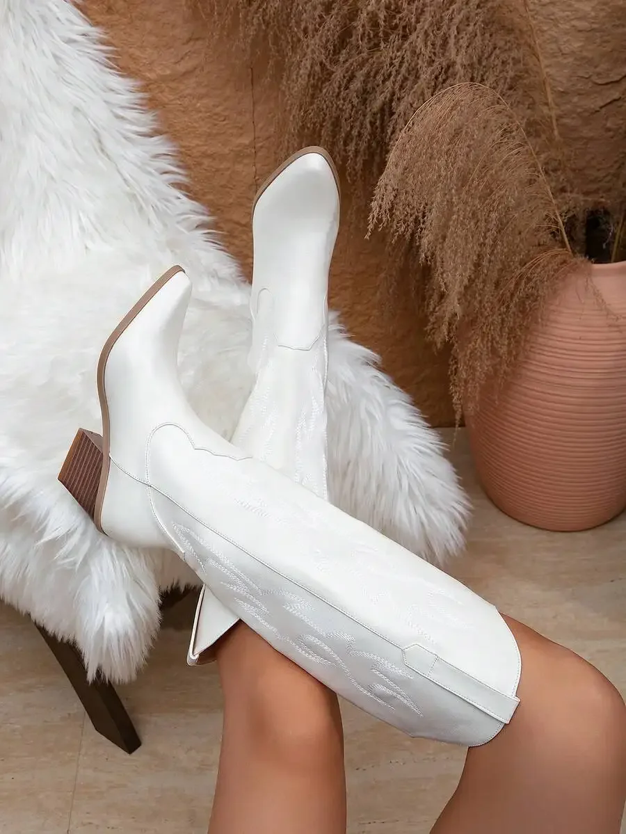 Womens White Embroidered Western Knee High Boots With Side Zipper Square Toe Block Heel
Womens White Embroidered Western Knee High Boots With Side Zipper Square Toe Block Heel