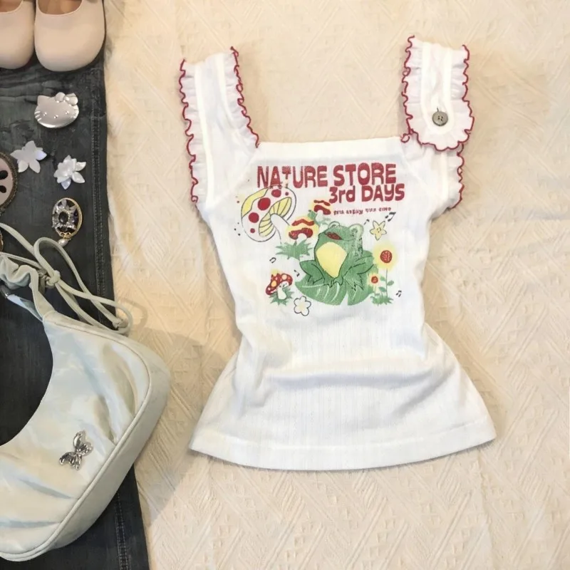 Kawaii Cartoon Print Camisole Ladies Sweet Clothing Summer Ruffled Design Halter Vest Y2K Aesthetic Chic Tanks Cute Street Top
Kawaii Cartoon Print Camisole Ladies Sweet Clothing Summer Ruffled Design Halter Vest Y2K Aesthetic Chic Tanks Cute Street Top