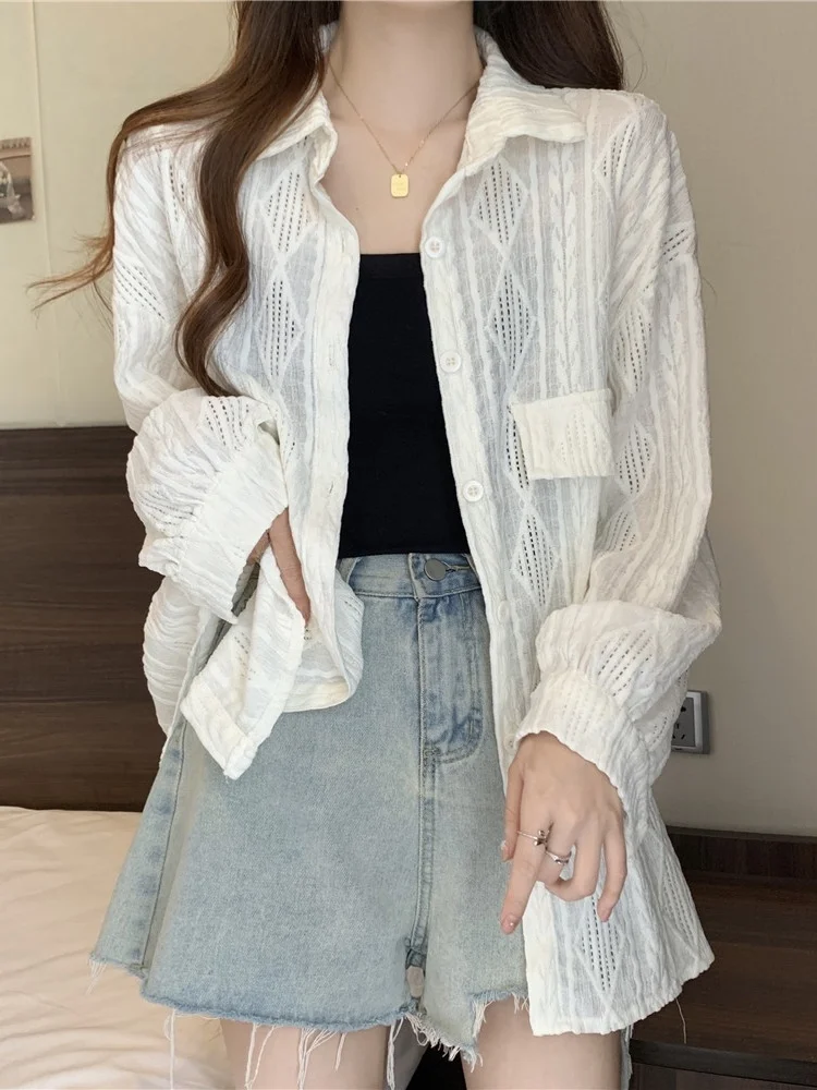 Slimming Long Sleeve Midi Shirt for Women Early Spring plus Size Hollow out Design Korean Style Loose Fit Button up Shirt
Slimming Long Sleeve Midi Shirt for Women Early Spring plus Size Hollow out Design Korean Style Loose Fit Button up Shirt