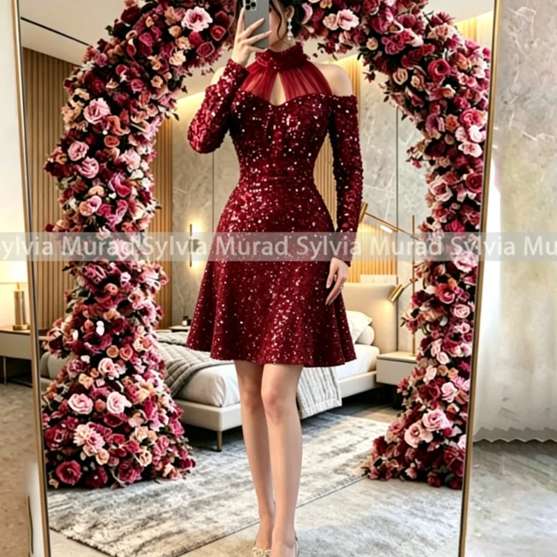 Burgundy Sequined Bridesmaid Dresses A Line Off Shoulder Long Sleeves Customized Mini Wedding Party Dress
Burgundy Sequined Bridesmaid Dresses A Line Off Shoulder Long Sleeves Customized Mini Wedding Party Dress