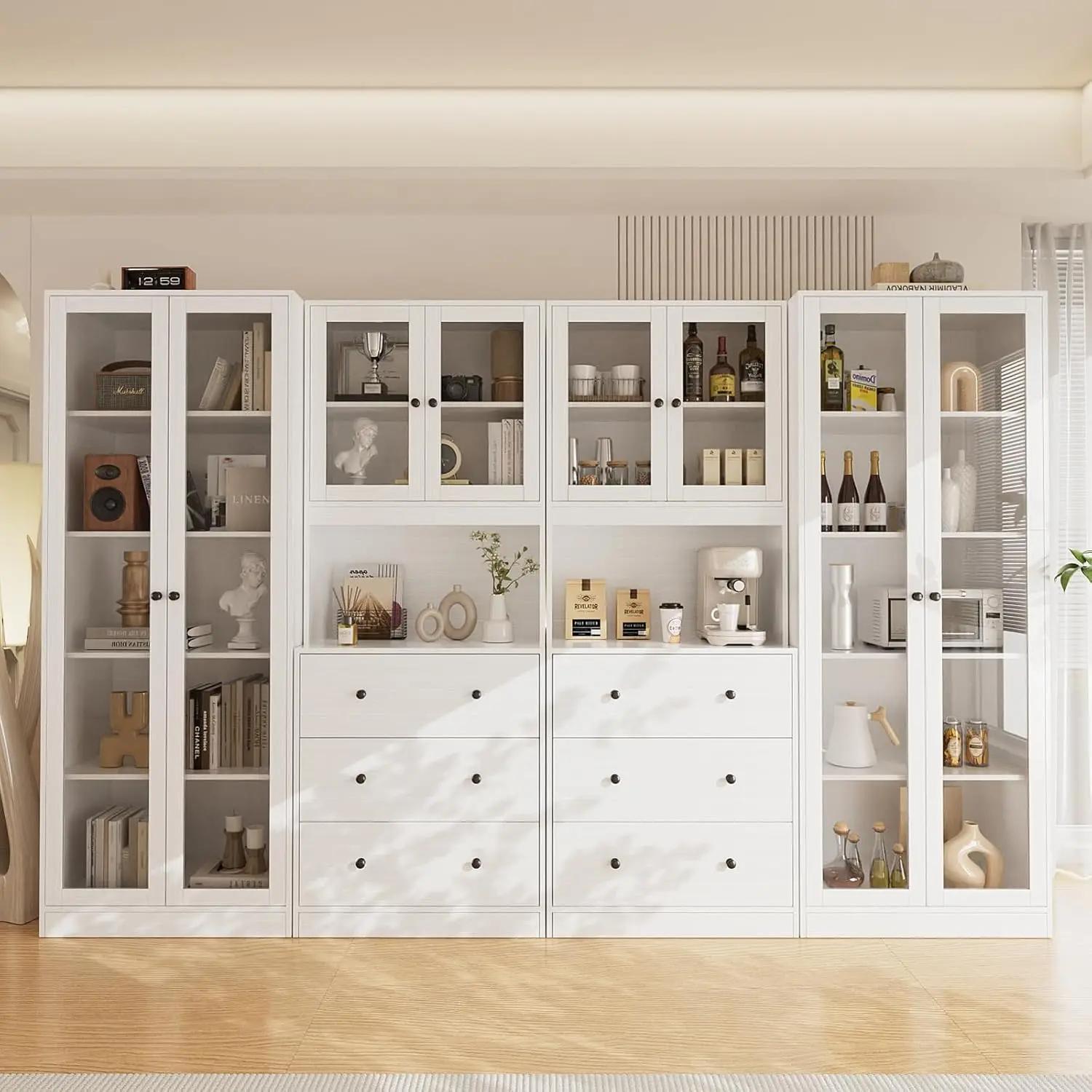 4PCS Bookshelf and Bookcase, 5-Tier Modern Bookshelves with 3 Large Drawer, Glass Display Cabinet with Lager Storage Shelf
4PCS Bookshelf and Bookcase, 5-Tier Modern Bookshelves with 3 Large Drawer, Glass Display Cabinet with Lager Storage Shelf