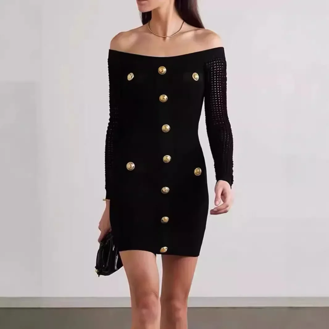 Women's black hollow knitted dress with a shoulder collar sexy birthday party mini hip dress
Women's black hollow knitted dress with a shoulder collar sexy birthday party mini hip dress