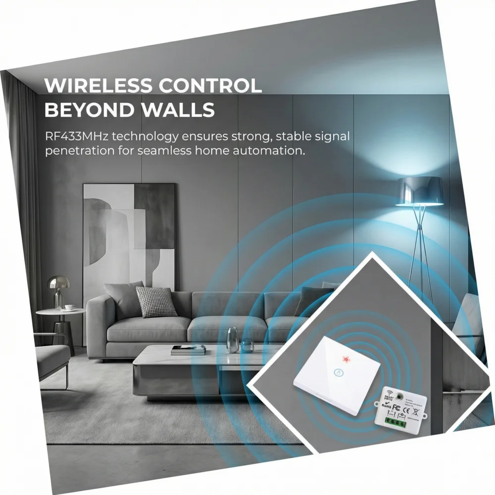 WiFi Smart Touch Light Switch No Wiring 433MHz RF Remote Control Tempered Glass Panel Voice Control with Alexa Google Tuya APP
WiFi Smart Touch Light Switch No Wiring 433MHz RF Remote Control Tempered Glass Panel Voice Control with Alexa Google Tuya APP