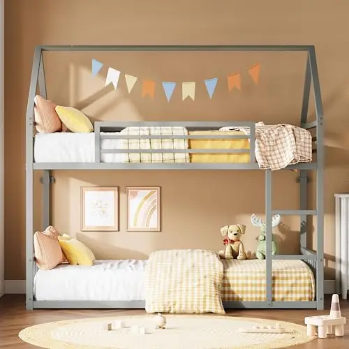 Bunk Bed Twin Over Twin, House Bunk Bed Fe with Ladder and Guardrail, House Shaped with Metal Slats for Dormi and
Bunk Bed Twin Over Twin, House Bunk Bed Fe with Ladder and Guardrail, House Shaped with Metal Slats for Dormi and