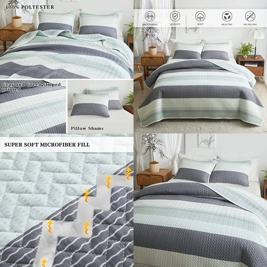 Boho Striped Quilt Set Full Queen Size, 3 Pcs Grey and White Reversible Bedspread, Brushed Microfiber Coverlet for All Season,
Boho Striped Quilt Set Full Queen Size, 3 Pcs Grey and White Reversible Bedspread, Brushed Microfiber Coverlet for All Season,