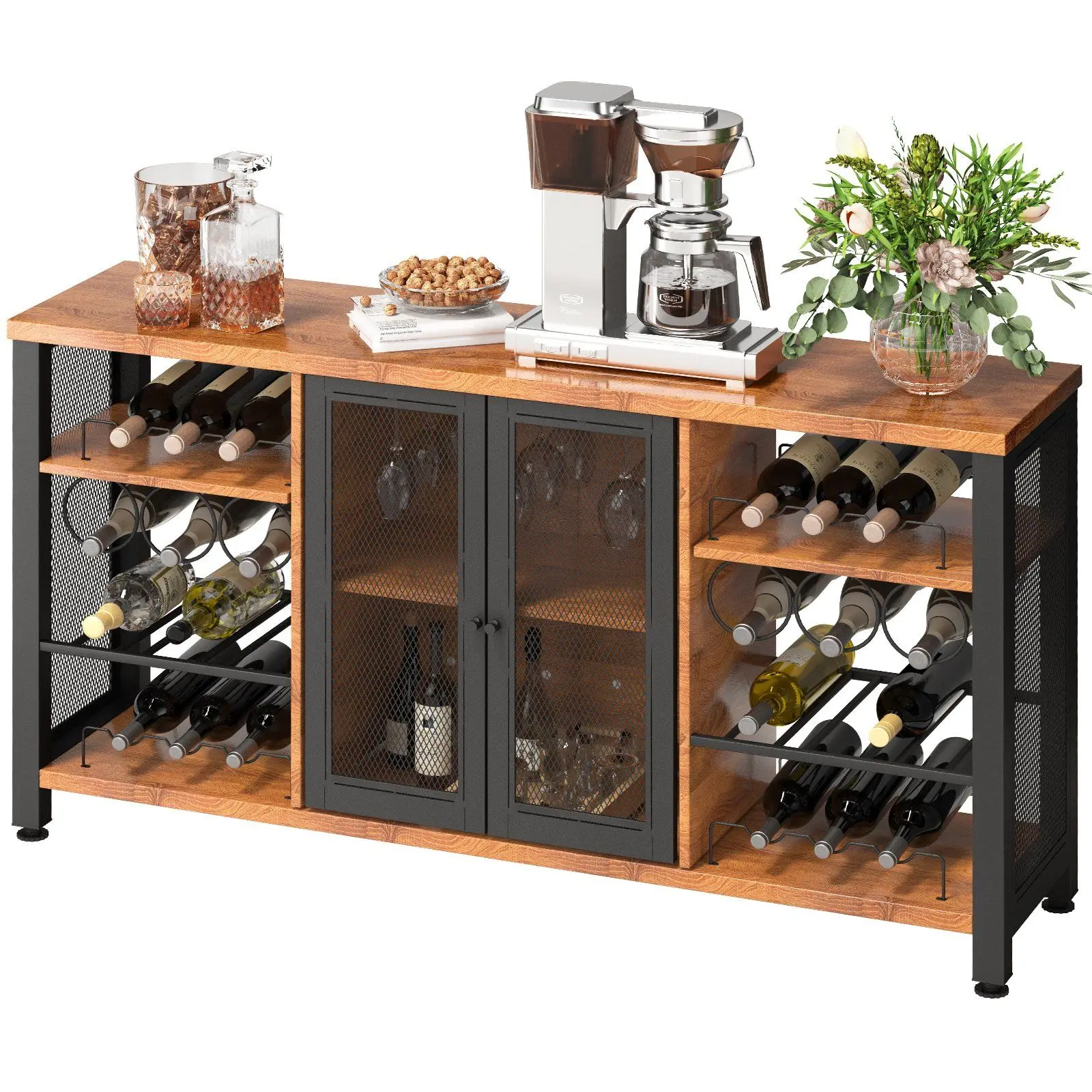 55in Tall Bar Cabinet with 330lb Capacity, Rustic Oak Finish, Industrial Metal Doors and Wine Bottle Racks
55in Tall Bar Cabinet with 330lb Capacity, Rustic Oak Finish, Industrial Metal Doors and Wine Bottle Racks