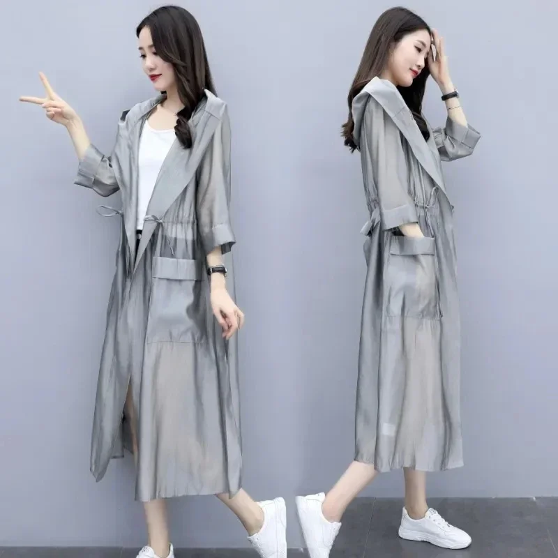 Fashion Long Sun Protection Clothing Female Summer Thin Hooded Women Windbreaker Mid-Length Chic Grey Chiffon Belt Outerwear
Fashion Long Sun Protection Clothing Female Summer Thin Hooded Women Windbreaker Mid-Length Chic Grey Chiffon Belt Outerwear