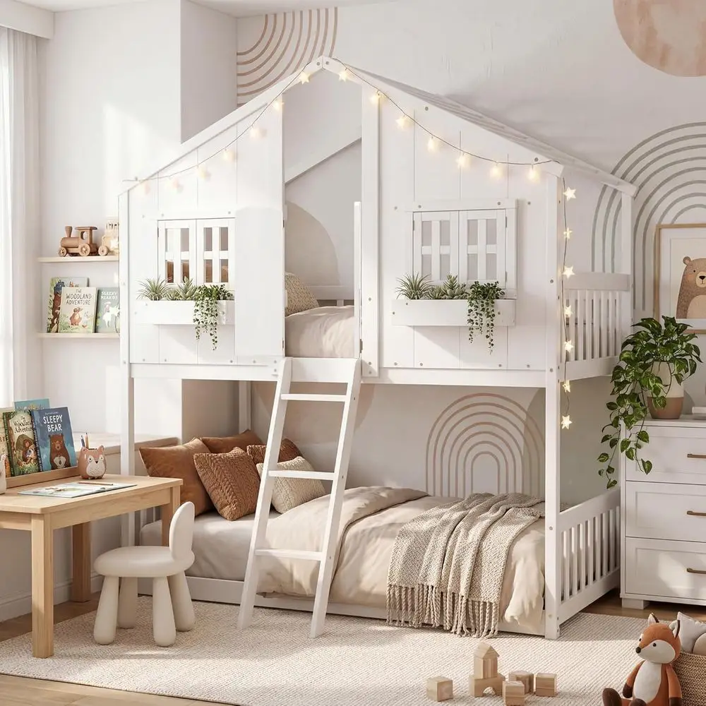Over and Under Bunk Bed with Safety Rail, Ladder, Windows, and Door, Solid Wood Playhouse Bunk Bed, No Box Spring Needed, White
Over and Under Bunk Bed with Safety Rail, Ladder, Windows, and Door, Solid Wood Playhouse Bunk Bed, No Box Spring Needed, White
