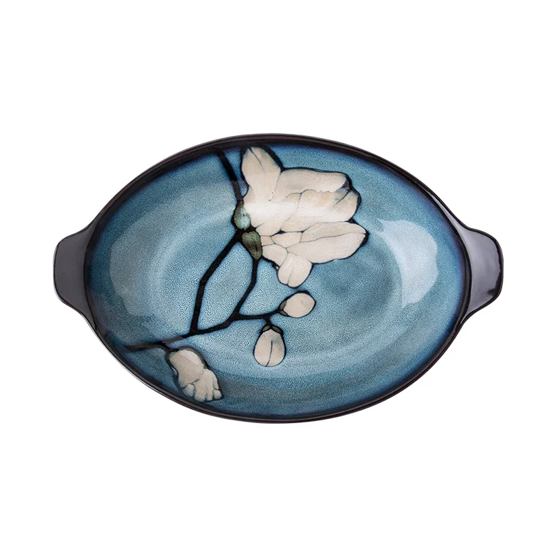 Chinese hand-painted 8-inch double-eared fish plate household fish plate ceramic soup plate oval boat-shaped steamed fish plate
Chinese hand-painted 8-inch double-eared fish plate household fish plate ceramic soup plate oval boat-shaped steamed fish plate