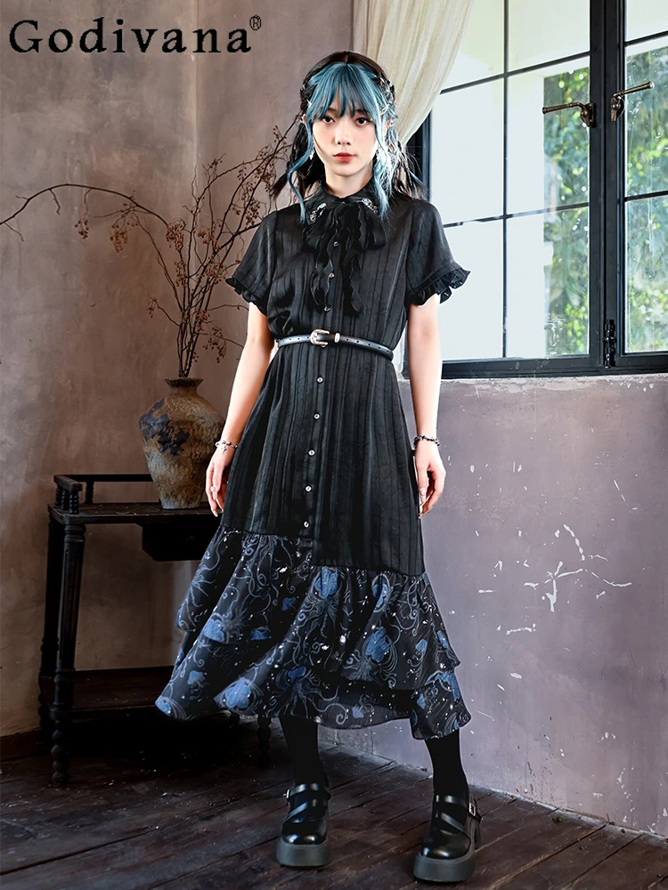 Sweet Peter Pan Collar Black Chic Ruffles Long Shirt Dress Girl Summer New Short Sleeve Splicing Leisure Print Fishtail Dresses
Sweet Peter Pan Collar Black Chic Ruffles Long Shirt Dress Girl Summer New Short Sleeve Splicing Leisure Print Fishtail Dresses