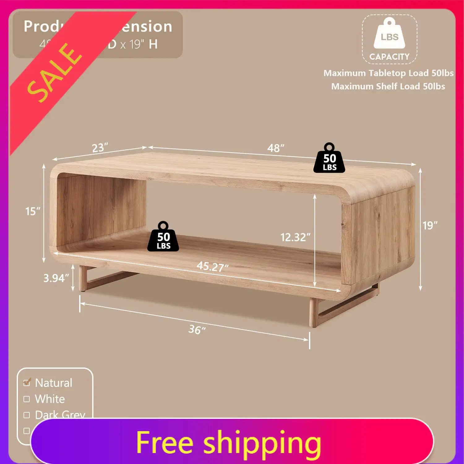 48" Modern Coffee Table, 2-Tier Minimalist Center Table with Storage Shelf, Curved Profile Design, Wooden Rectangular Living Roo
48" Modern Coffee Table, 2-Tier Minimalist Center Table with Storage Shelf, Curved Profile Design, Wooden Rectangular Living Roo