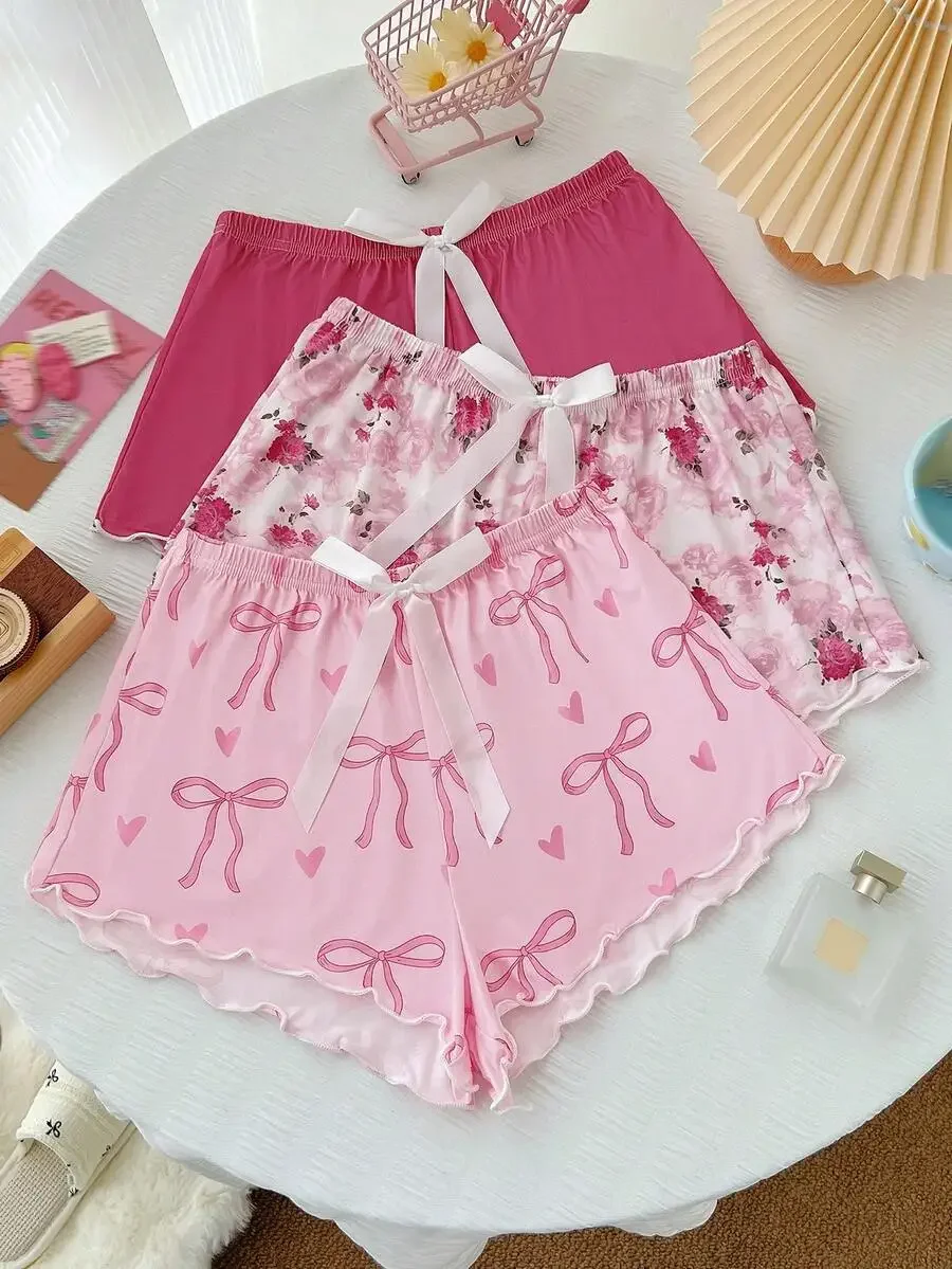 3-Piece Women’s Pink Sleep Shorts Set With Floral And Bow Patterns, Contrast Waistband Design
3-Piece Women’s Pink Sleep Shorts Set With Floral And Bow Patterns, Contrast Waistband Design