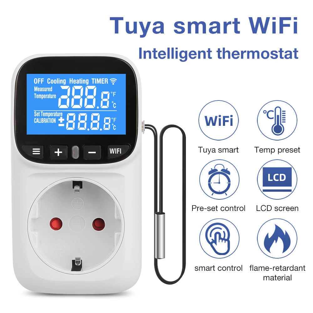 Tuya WiFi Thermostat Switch Socket – Plug-in Temperature Controller with Timer Outlet, LCD Display, for Heating/Cooling (EU/US/UK/FR/AU Plug) Tuya WiFi Thermostat Switch Socket – Plug-in Temperature Controller with Timer Outlet, LCD Display, for Heating/Cooling (EU/US/UK/FR/AU Plug)