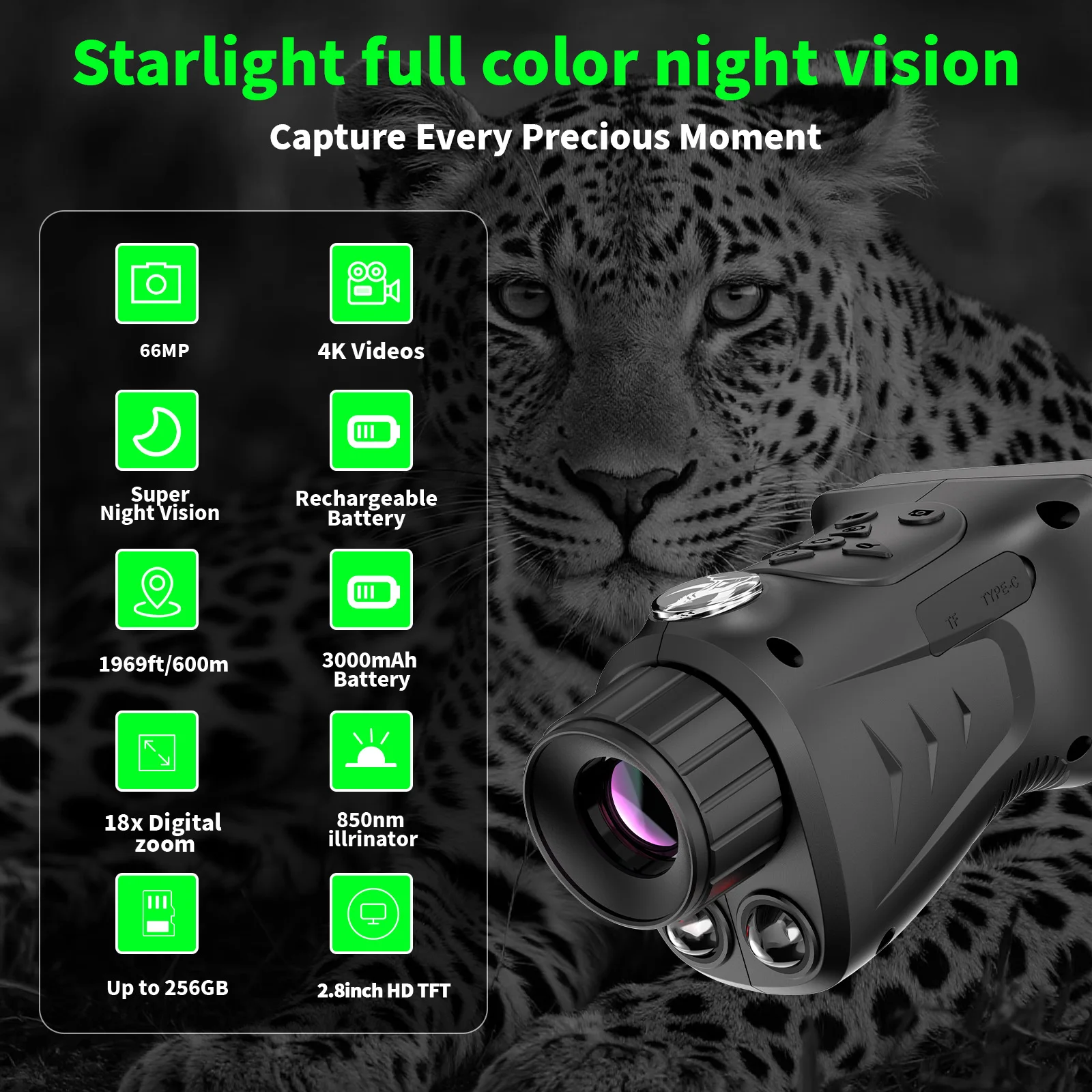 Ultra high definition 2.8-inch night vision telescope, equipped with 18x magnification, 3000mAh battery, suitable for clear star
Ultra high definition 2.8-inch night vision telescope, equipped with 18x magnification, 3000mAh battery, suitable for clear star
