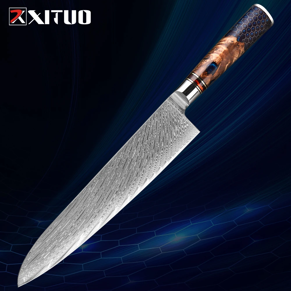 Professional Chef Knife 9.5 Inch 67-layer Damascus Steel Sharp Kitchen Slicing Knife Honeycomb Blue Resin Handle Carving Knife
Professional Chef Knife 9.5 Inch 67-layer Damascus Steel Sharp Kitchen Slicing Knife Honeycomb Blue Resin Handle Carving Knife