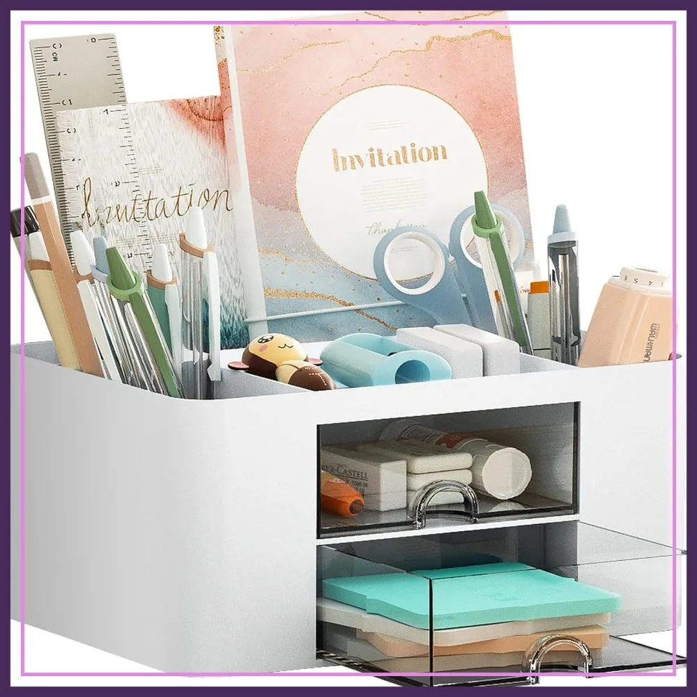 Pen Organizer with 2 Drawer, Multi-Functional Pencil Holder for Desk, 5 Compartments + Drawer for Office Art Supplies
Pen Organizer with 2 Drawer, Multi-Functional Pencil Holder for Desk, 5 Compartments + Drawer for Office Art Supplies