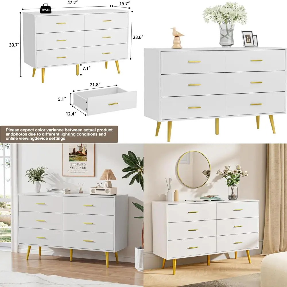 White Bedroom Dresser with 6 Drawers, Wide Drawers, and Gold Metal Handles, Wooden Drawers for Hallway and Entryway.
White Bedroom Dresser with 6 Drawers, Wide Drawers, and Gold Metal Handles, Wooden Drawers for Hallway and Entryway.