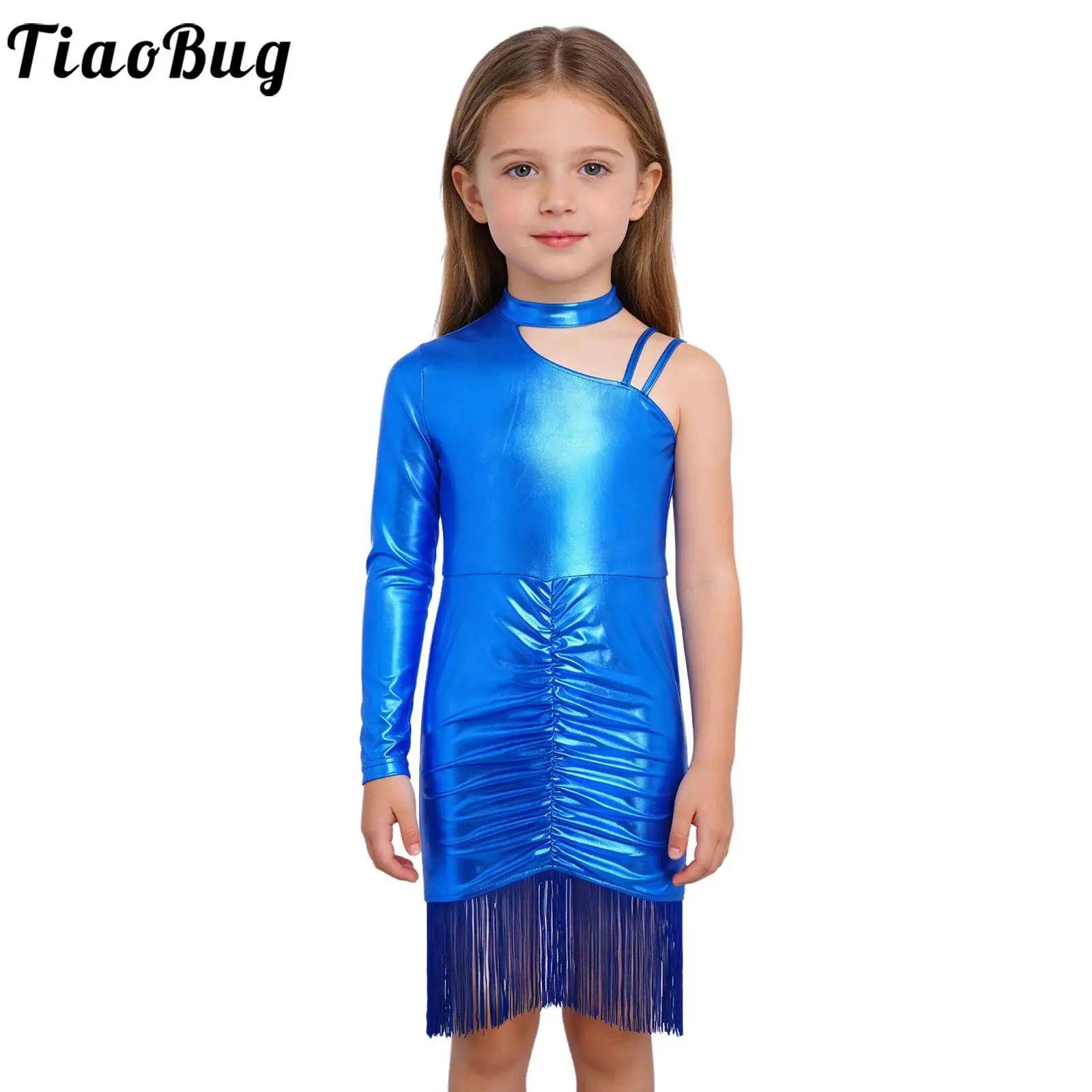 Kids Girls Metallic Latin Cha-cha Dance Dress Asymmetrical Shoulder Tassels Ruched Dress for Tango Samba Performance Competition
Kids Girls Metallic Latin Cha-cha Dance Dress Asymmetrical Shoulder Tassels Ruched Dress for Tango Samba Performance Competition