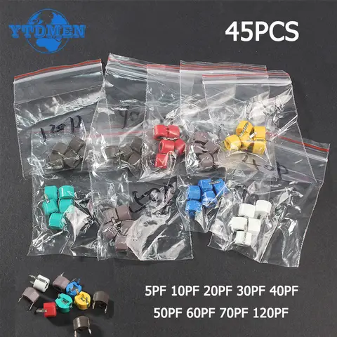 45PCS Variabele Trimmer Condensator Kit JML06 5PF 10PF 20PF 30PF 40PF 50PF 60PF 70PF 120PF Verstelbare Condensatoren Pack