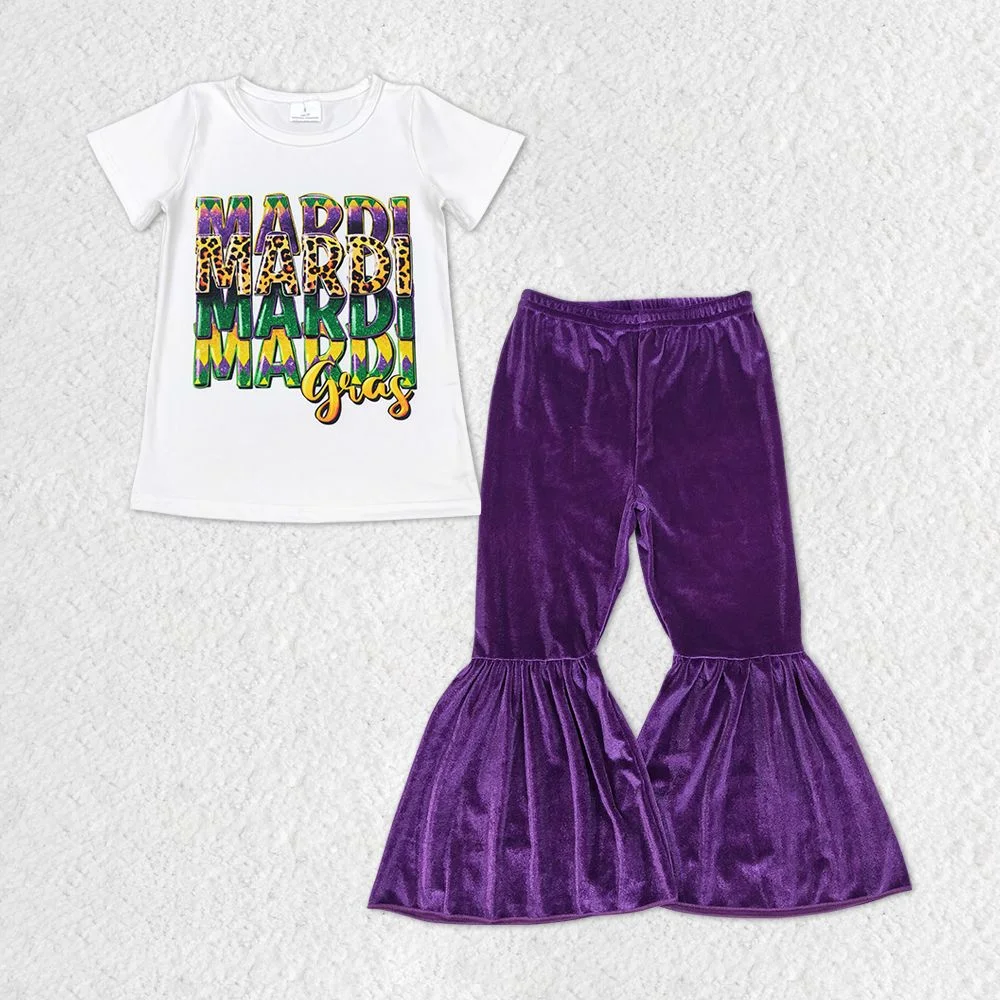 Mardi Gras Baby Girls White Short-sleeved Purple Velvet Trousers Suit With Letters Wholesale Boutique Children Clothes Suit
Mardi Gras Baby Girls White Short-sleeved Purple Velvet Trousers Suit With Letters Wholesale Boutique Children Clothes Suit