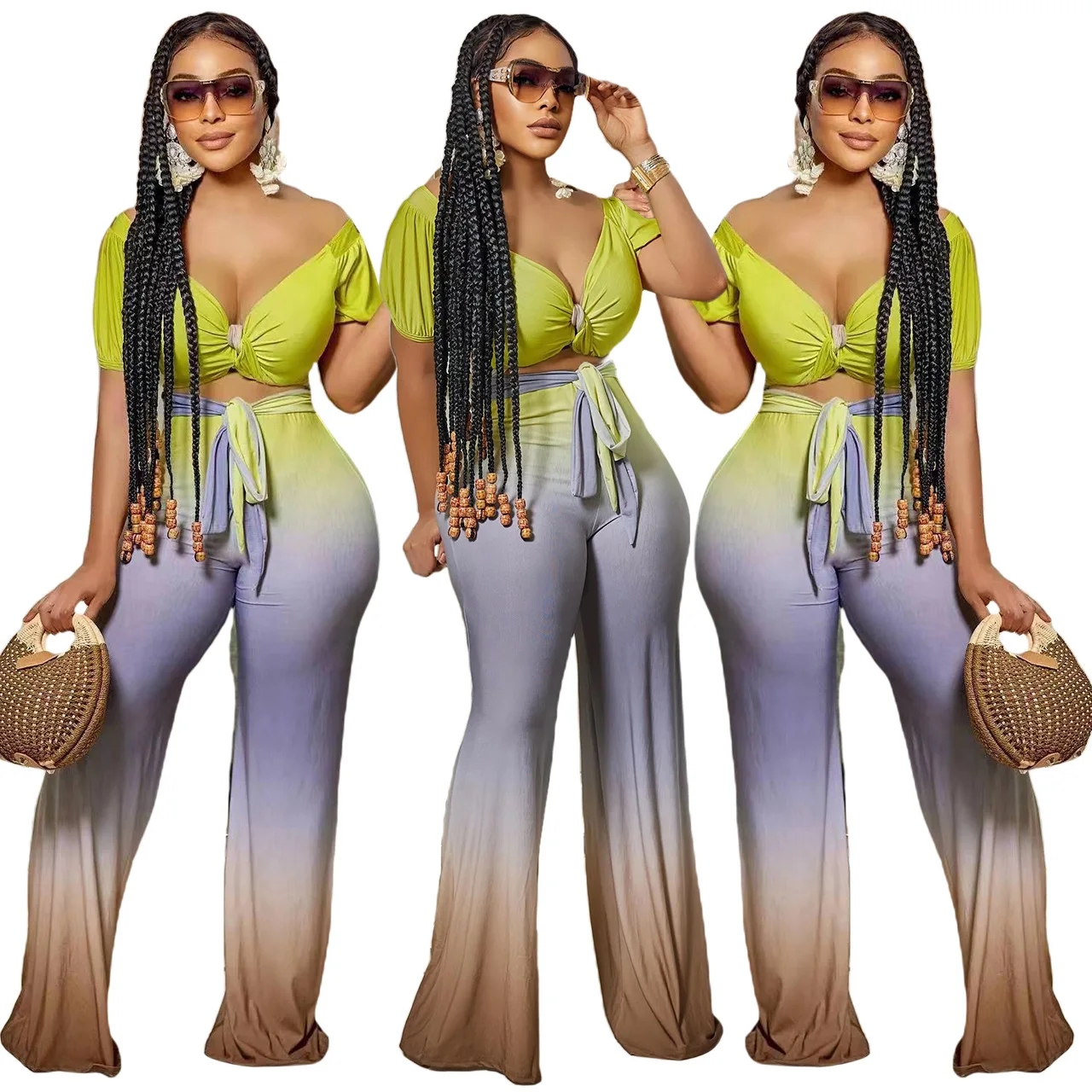 Casual elastic pants set fashionable simple gradient V-neck short sleeve pants women's two-piece set
Casual elastic pants set fashionable simple gradient V-neck short sleeve pants women's two-piece set