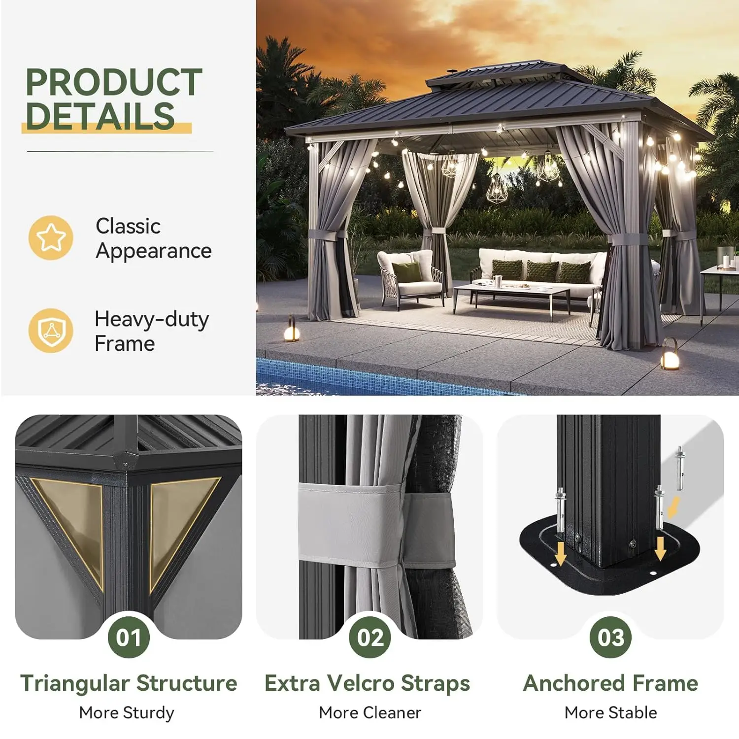 10'x14' Hardtop Gazebo Aluminum Frame Canopy Double Galvanized Steel Roof Outdoor Metal Pavilion Customizable
10'x14' Hardtop Gazebo Aluminum Frame Canopy Double Galvanized Steel Roof Outdoor Metal Pavilion Customizable