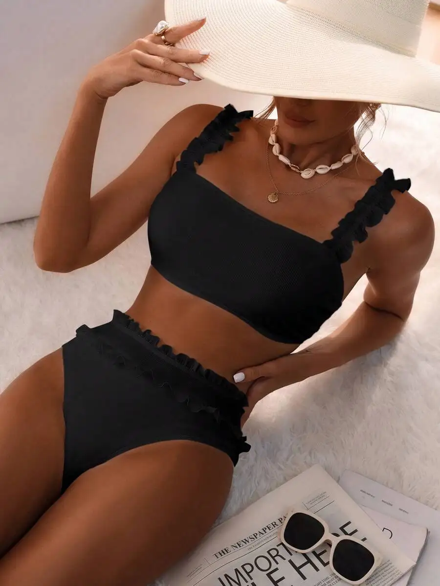 Women Solid Black Ruffle Trim Bikini Set One Shoulder Top High Waist Bottom
Women Solid Black Ruffle Trim Bikini Set One Shoulder Top High Waist Bottom