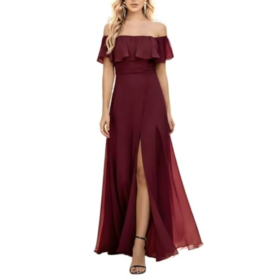 Women's Formal Bridesmaid Dress Chiffon Off Shoulder Long Flowy Elegant Maxi Wedding Guest Dresses with Slit
Women's Formal Bridesmaid Dress Chiffon Off Shoulder Long Flowy Elegant Maxi Wedding Guest Dresses with Slit