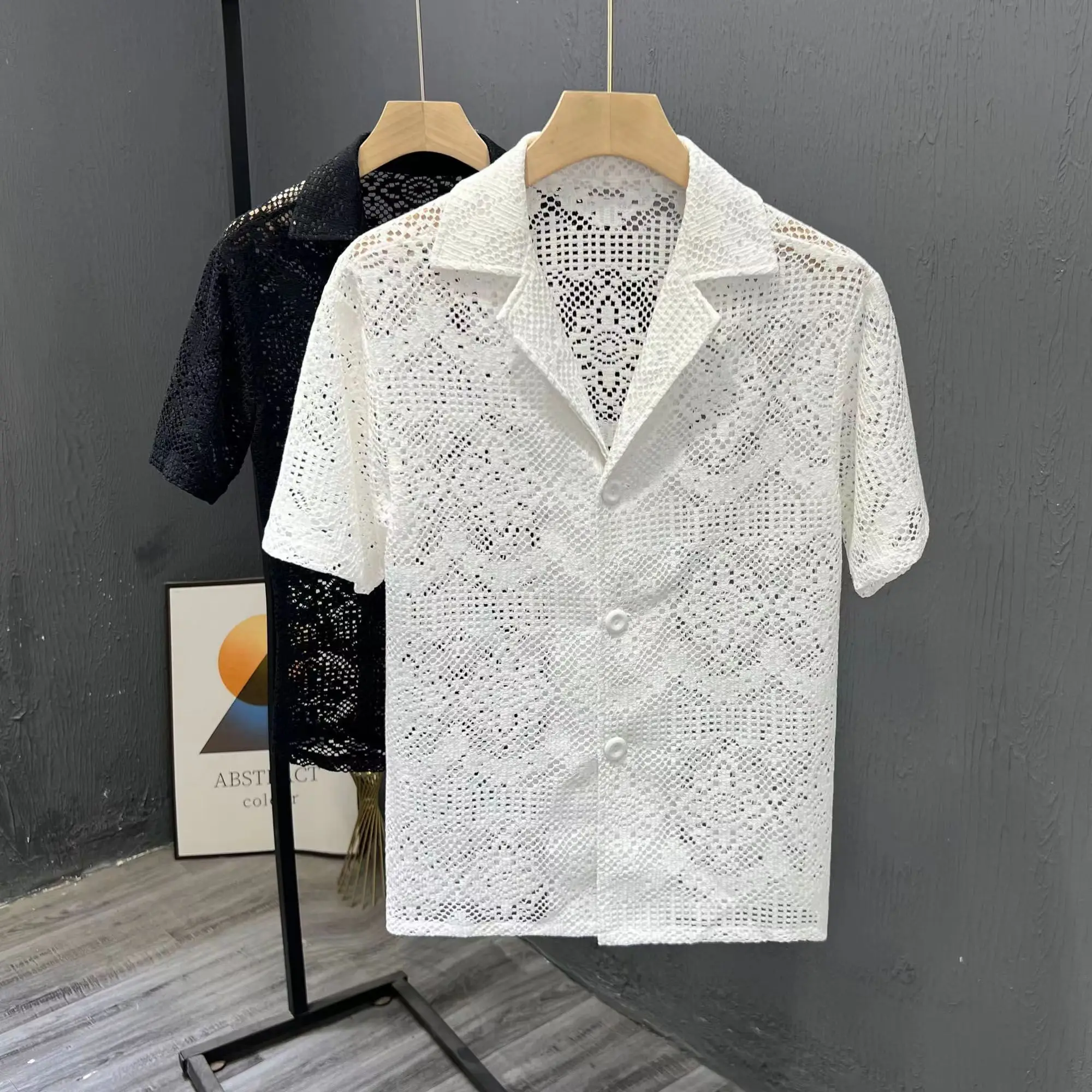 Vintage Ice Silk Lace Shirts For Men Sexy Lace Breathable Hollow Out Tops Summer Fashion Cuban Collar Short Sleeved Shirt Male
Vintage Ice Silk Lace Shirts For Men Sexy Lace Breathable Hollow Out Tops Summer Fashion Cuban Collar Short Sleeved Shirt Male