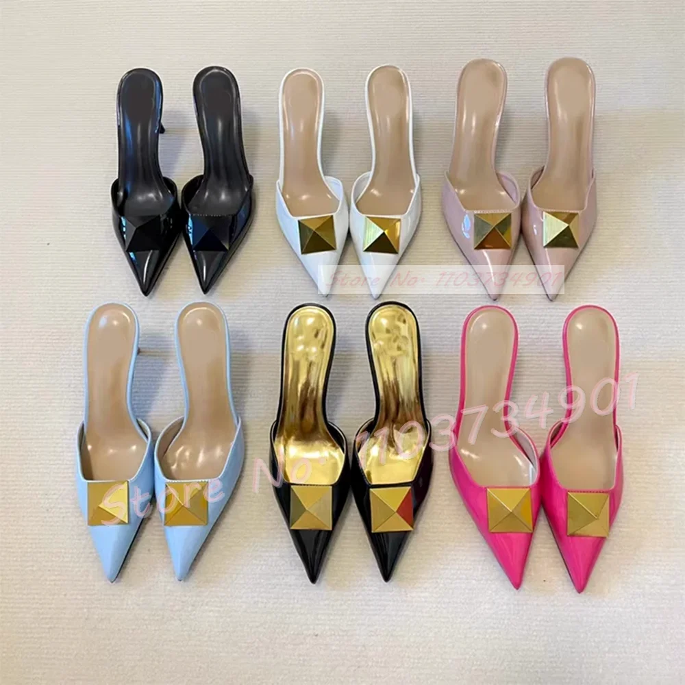 Gold Big Rivets Pointy Toe Heeled Mules Women Luxury Party Patent Leather Dress Shoes Female Elegant Concise Nude 7cm Slippers
Gold Big Rivets Pointy Toe Heeled Mules Women Luxury Party Patent Leather Dress Shoes Female Elegant Concise Nude 7cm Slippers