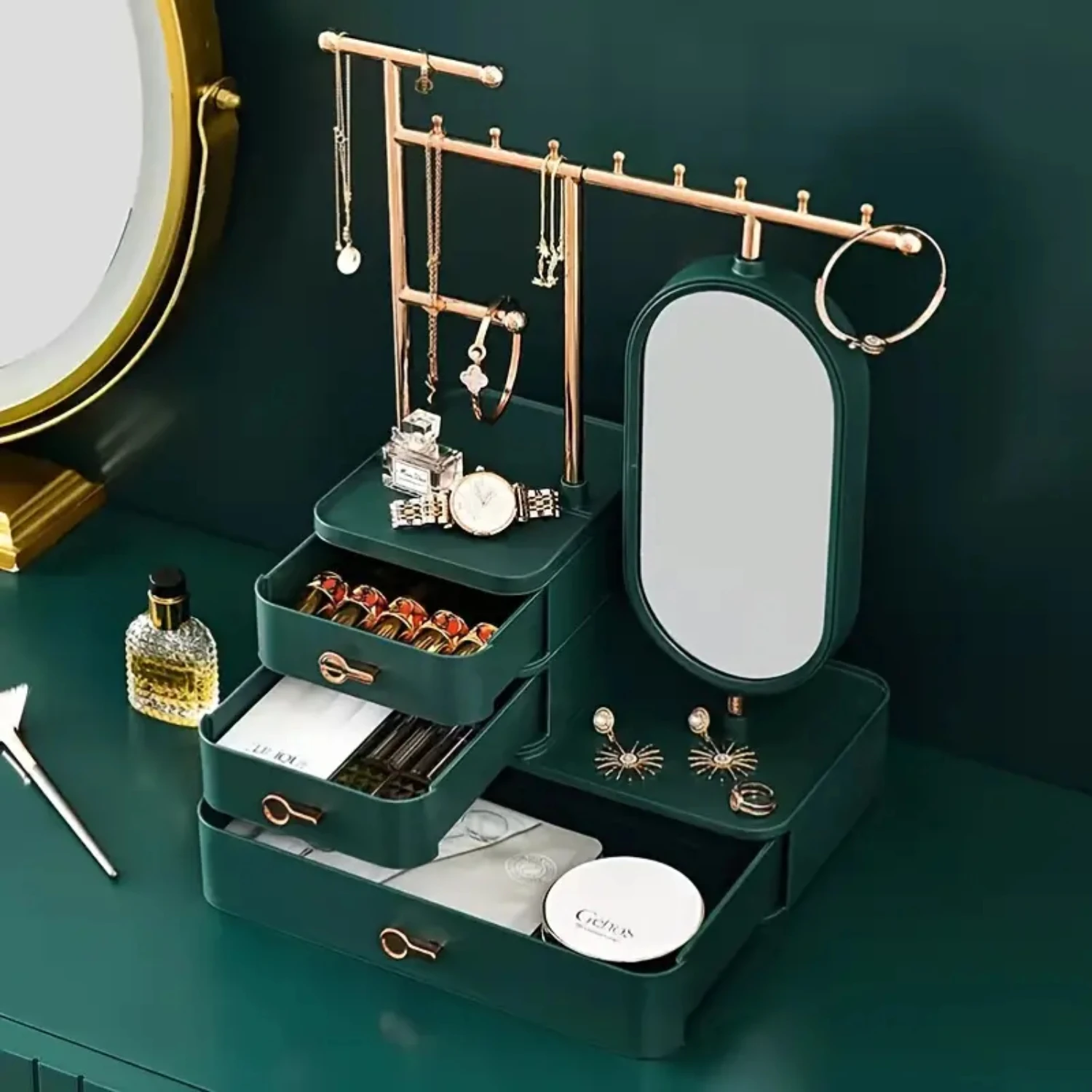 Practical and elegant hanging jewelry box for necklace, earrings, and studs - Creative tabletop vanity organizer for cosmetics a
Practical and elegant hanging jewelry box for necklace, earrings, and studs - Creative tabletop vanity organizer for cosmetics a