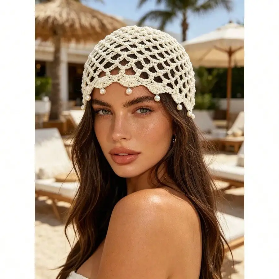1pc Vintage Hollow Out Knitted Beanie, Pearl Pendant Headscarf, Vacation Style Mesh Cap
1pc Vintage Hollow Out Knitted Beanie, Pearl Pendant Headscarf, Vacation Style Mesh Cap