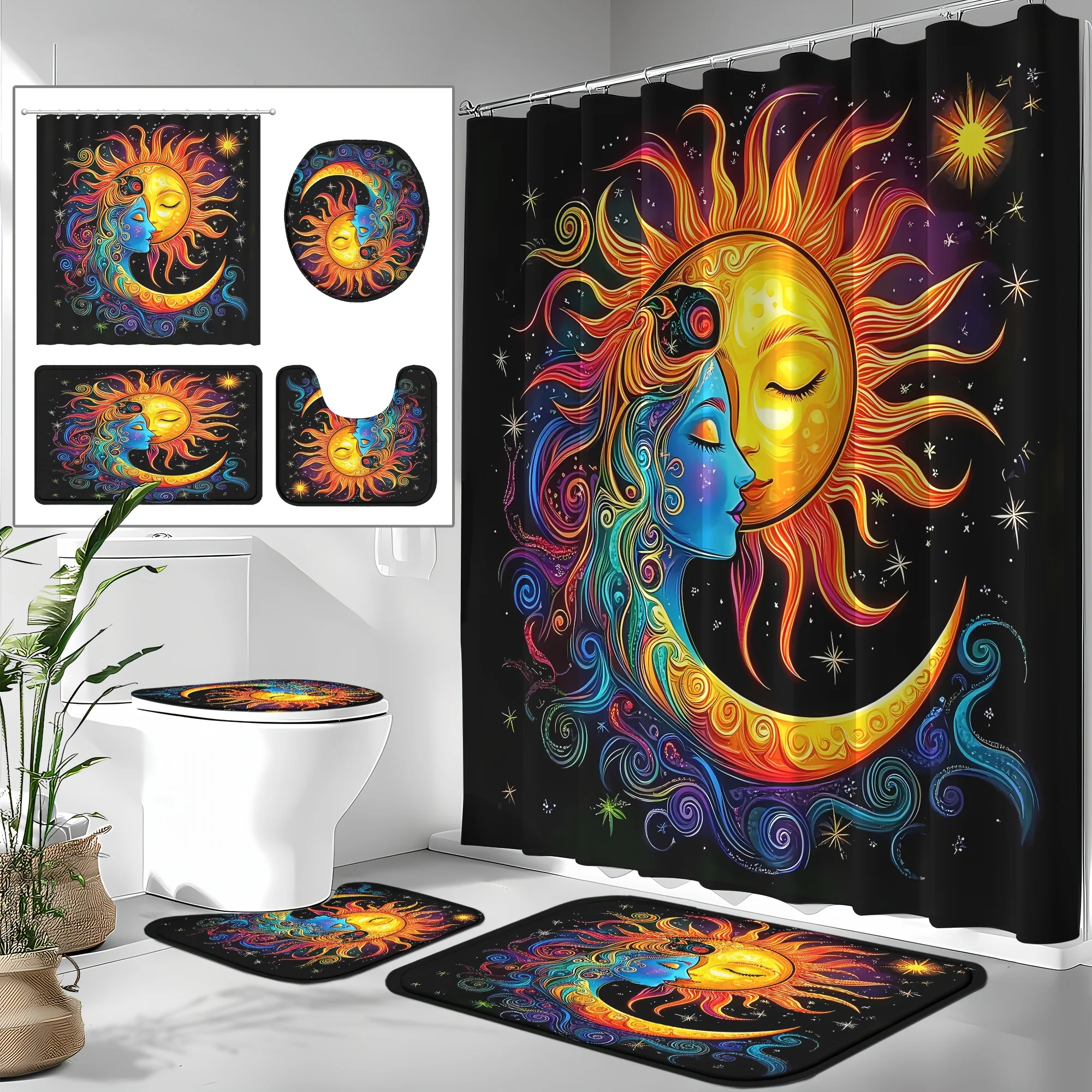 4pcs Black & Golden Celestial Sun Moon Stars Shower Curtain Bathroom Set with Non-Slip, Toilet Cover & U-Shaped Mat - Boho Retro
4pcs Black & Golden Celestial Sun Moon Stars Shower Curtain Bathroom Set with Non-Slip, Toilet Cover & U-Shaped Mat - Boho Retro