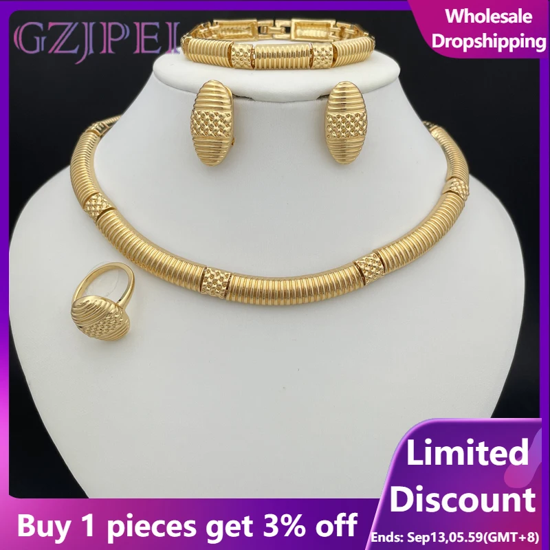 Gold Color Jewelry Sets For Women Luxury Quality Necklace Earrings Bracelet And Ring Dubai African 18K Gold Plated Jewelry 
Gold Color Jewelry Sets For Women Luxury Quality Necklace Earrings Bracelet And Ring Dubai African 18K Gold Plated Jewelry