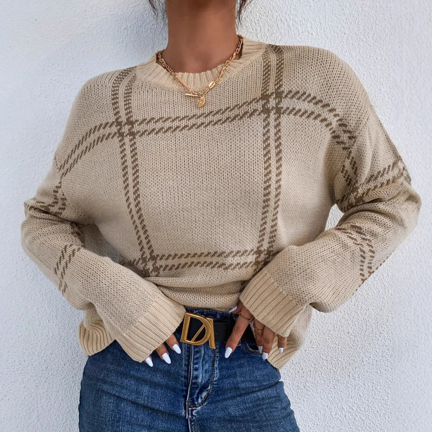 Retro Lazy Style Round Neck Knitwear Casual Versatile Plaid Inner Wear European And American Cross Border Round Neck Sweater
Retro Lazy Style Round Neck Knitwear Casual Versatile Plaid Inner Wear European And American Cross Border Round Neck Sweater