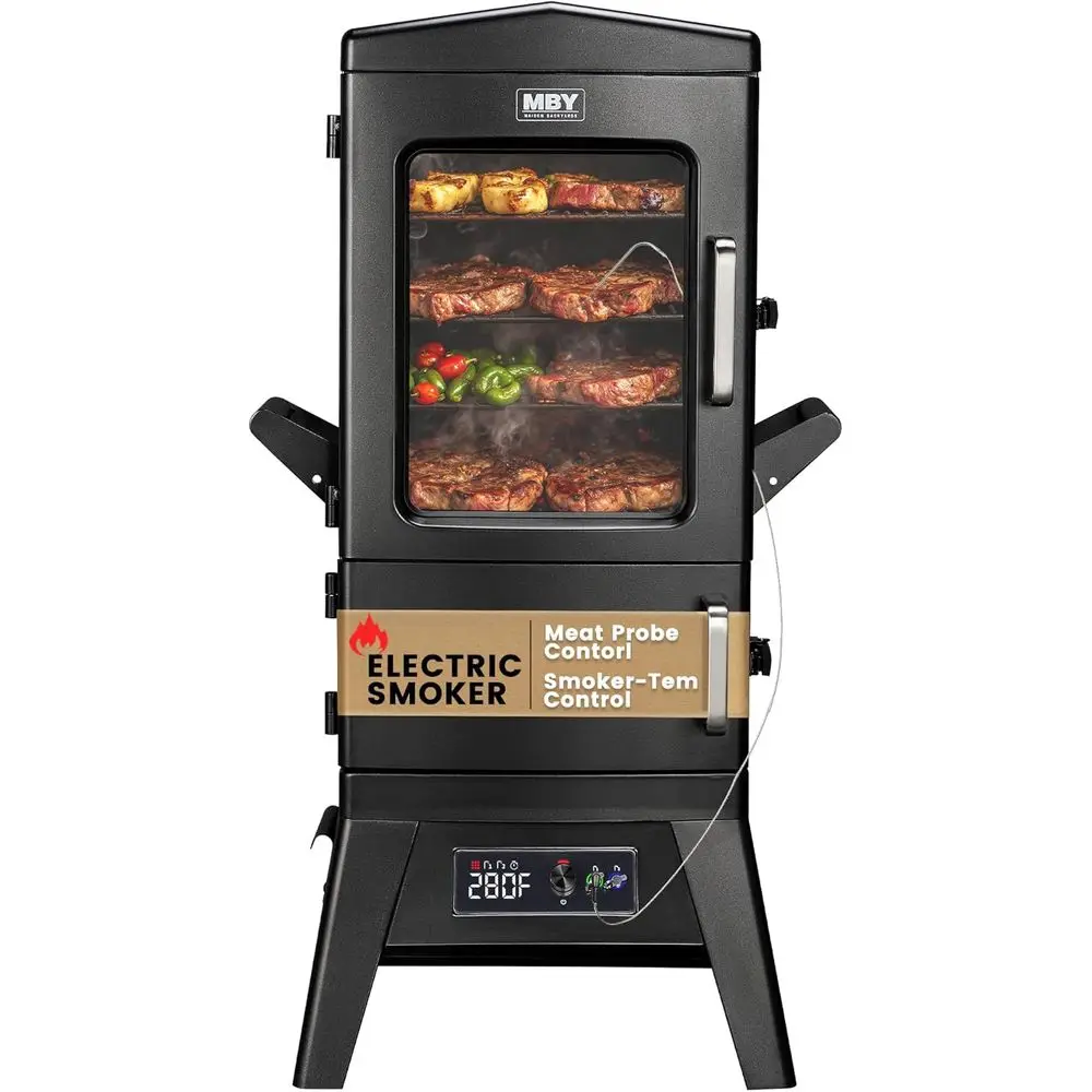 Large Capacity Electric BBQ Smoker with Cover, LED Display, Built-in Meat Probe, 4 Racks, 633 sq in Cooking Area, Black
Large Capacity Electric BBQ Smoker with Cover, LED Display, Built-in Meat Probe, 4 Racks, 633 sq in Cooking Area, Black