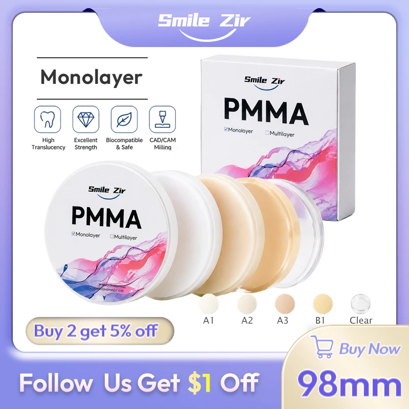 smile_zir Dental Monolayer Resin PMMA Blocks Disc A1 A2 A3 98mm CAD/ CAM Open System Translucent VITA 16 Color for Dental Lab
smile_zir Dental Monolayer Resin PMMA Blocks Disc A1 A2 A3 98mm CAD/ CAM Open System Translucent VITA 16 Color for Dental Lab
