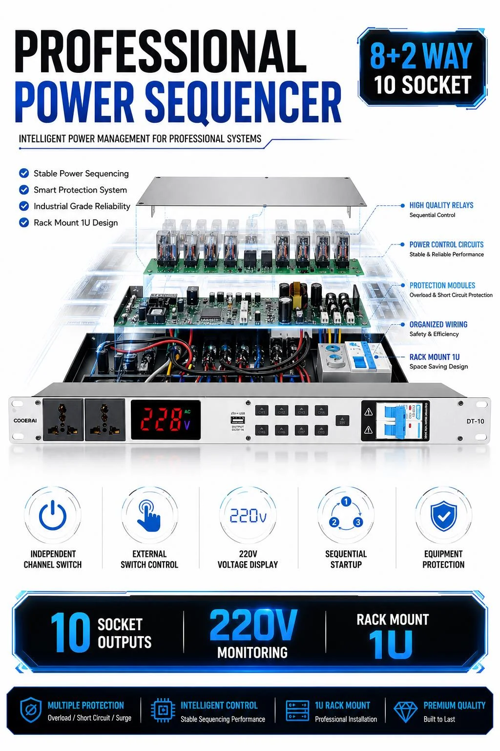 Gooermi DT10 8+2 Way Power Sequencer 10 Socket Power Distributor with External Switch, Independent Switch for Each Channel
Gooermi DT10 8+2 Way Power Sequencer 10 Socket Power Distributor with External Switch, Independent Switch for Each Channel