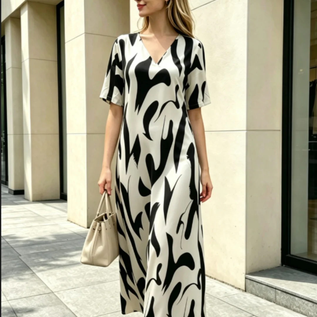 Elegant Black White Abstract Pattern Long Dress Women V Neck Short Sleeve Loose Fit Flowy Maxi Dresses Summer Casual Daily Offic
Elegant Black White Abstract Pattern Long Dress Women V Neck Short Sleeve Loose Fit Flowy Maxi Dresses Summer Casual Daily Offic